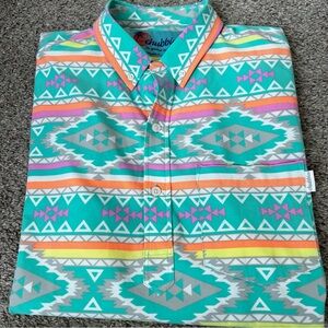 Chubbies Teal Aztec Short-Sleeve Button-Down with Neon Accents Size Large
